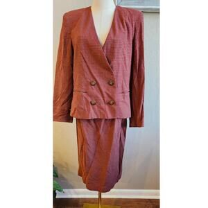Vintage Gilmor Women 2 Pc Linen Blend Plaid Double Breasted Jacket Skirt Suit 12